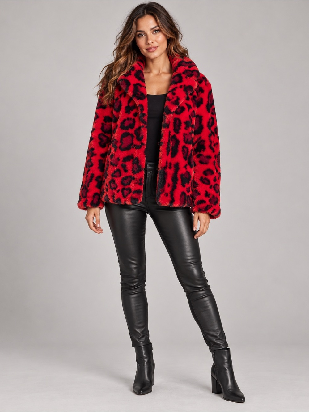 Boston Proper Red Black Leopard Faux Fur Jacket Women’s Medium
